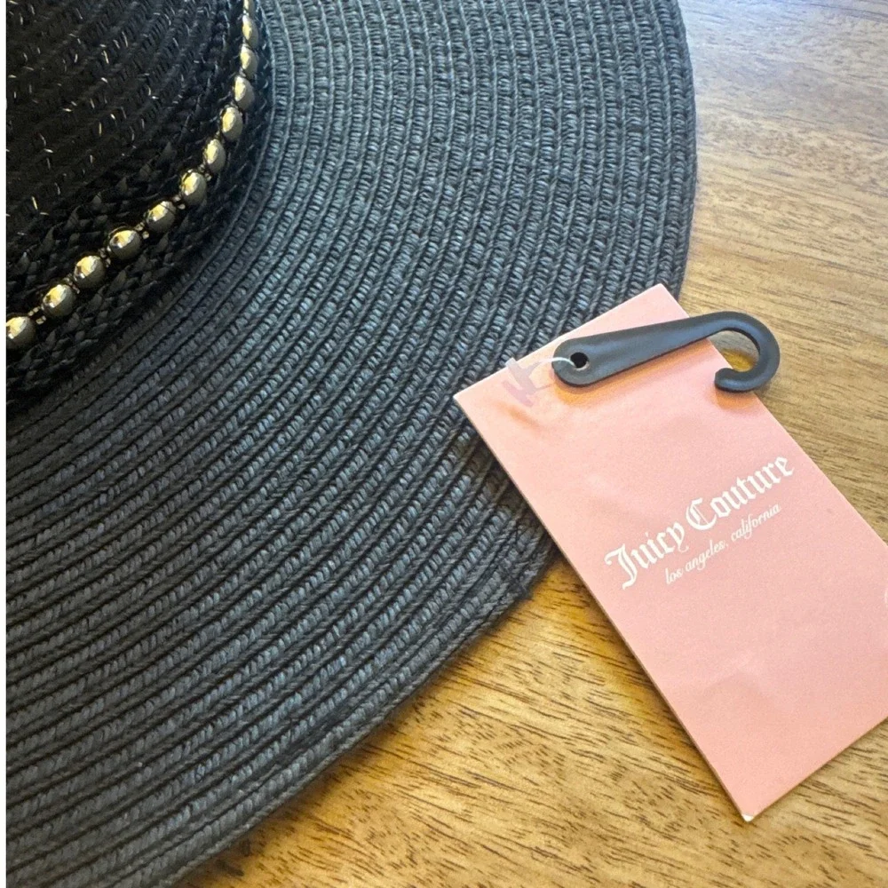 Juicy Couture Black Straw Sun Hat Wide Brim Metallic‎ Gold Studded Logo NWT